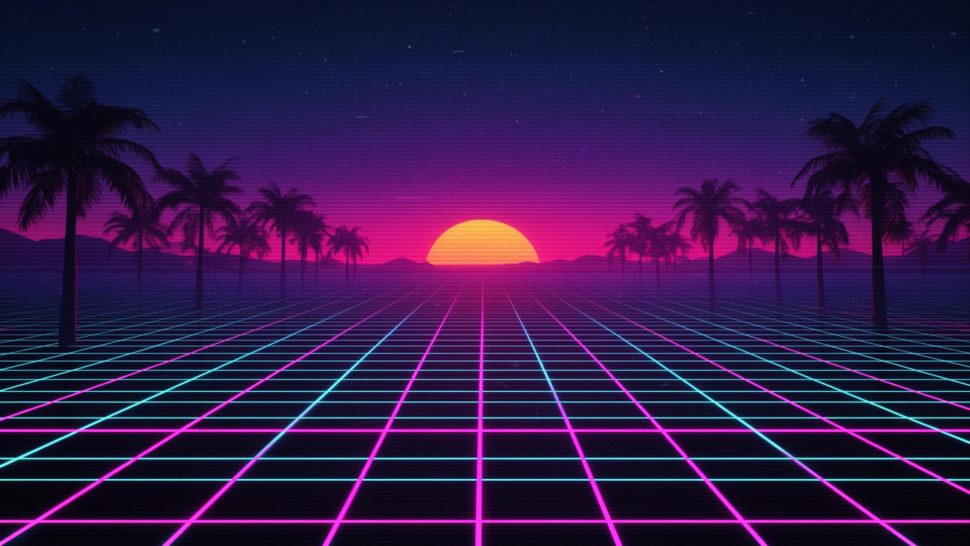 Paisaje synthwave retro con neones y palmeras