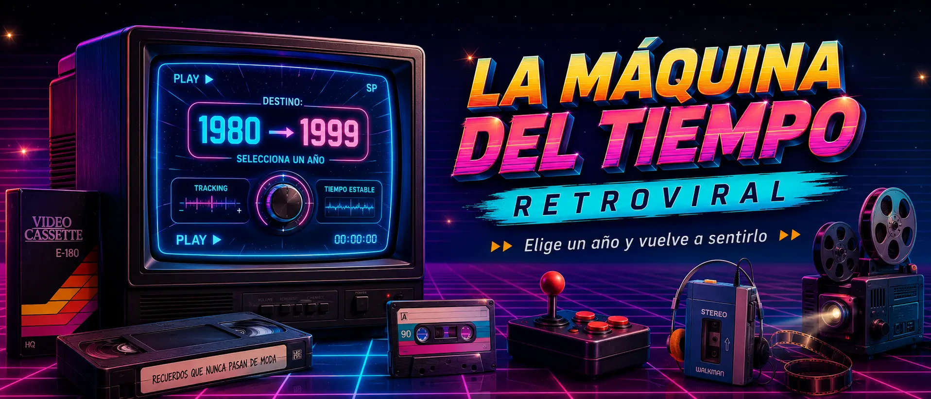 La Máquina del Tiempo Retroviral: televisor CRT ochentero con destino 1980-1999 rodeado de cintas VHS, casete, joystick y walkman