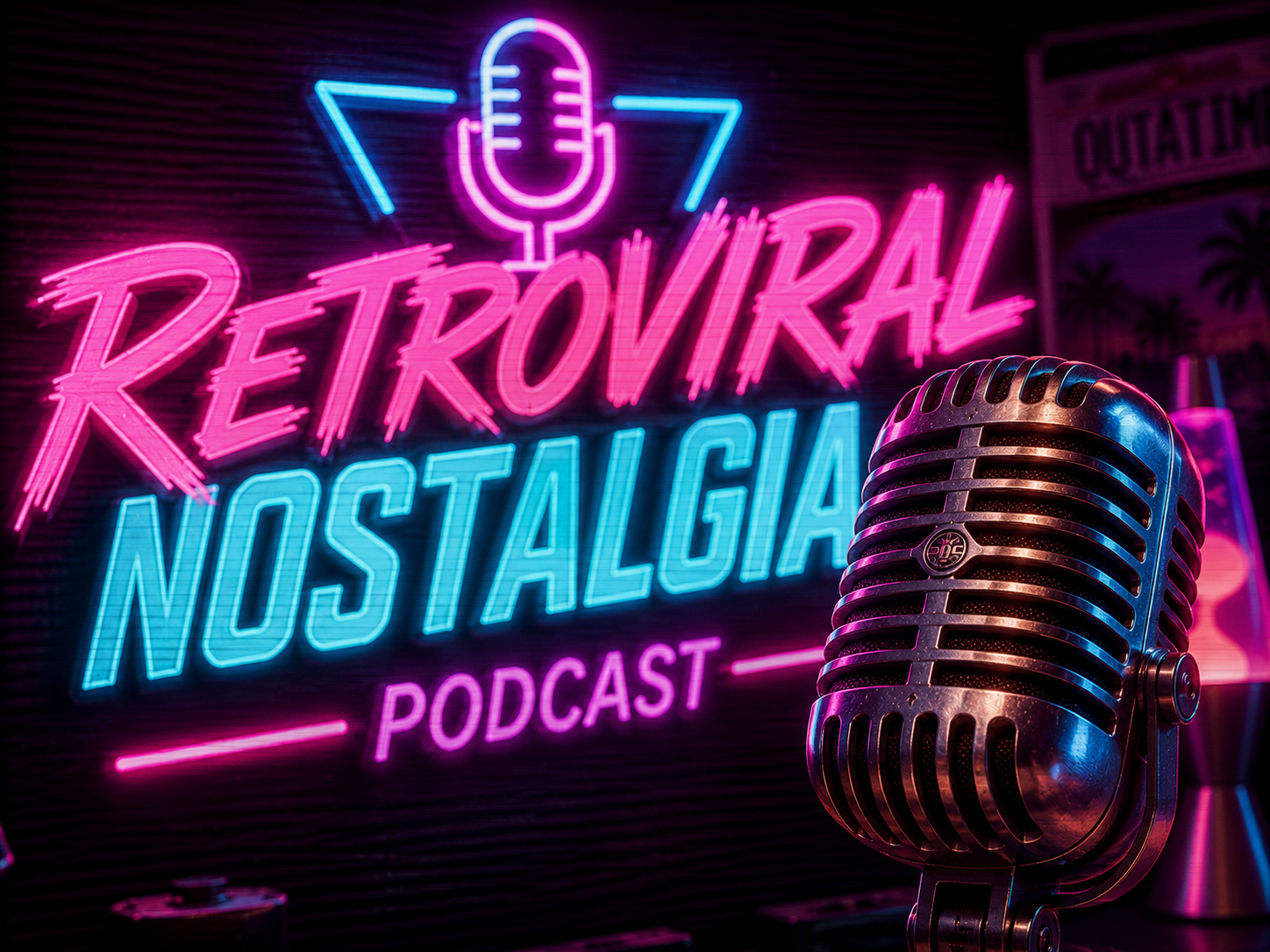 Retroviral Nostalgia Podcast - portada neón con micrófono retro
